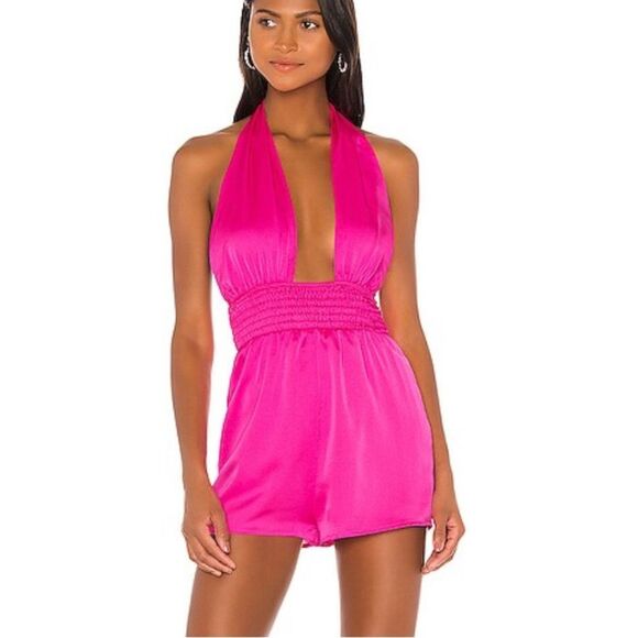 Superdown luella halter romper Fuchsia pink tie mini one piece Revolve L - Picture 1 of 7